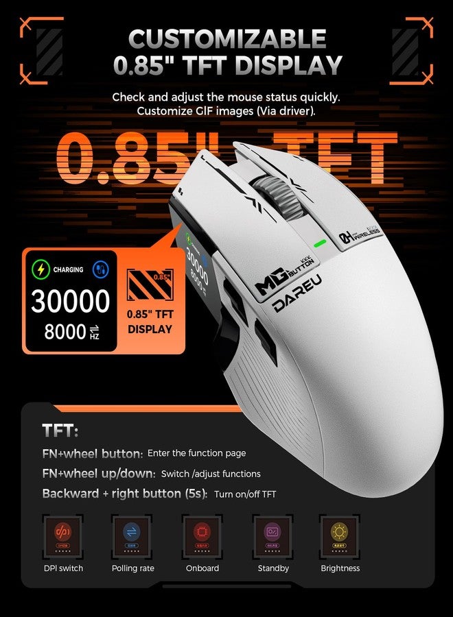 DAREU A980PROMAX Wireless Gaming Mouse-4K/8K Polling-30K DPI Optical Sensor-0.85' TFT Color Display-Magnesium Alloy Buttons-2.4G Wireless/BT/USB Connectivity-Nano Receiver Included - Image 4