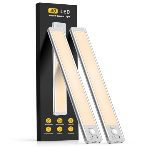 MCGOR 10inch Under Cabinet Lighting 2 Pack Rechargeable Motion Sensor Light Indoor 5 Levels Dimmable Magnetic Closet Lights Wireless Under Counter Lights for Kitchen Stairs