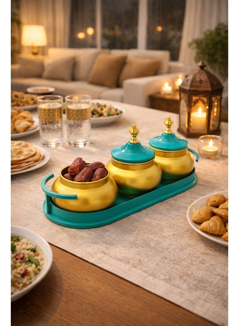 أولودينيز  طقم تقديم فاخر بتصميم رمضاني – أوعية معدنية بلمسة ذهبية مع صينية فاخرة للتقديم والضيافة - Image 1