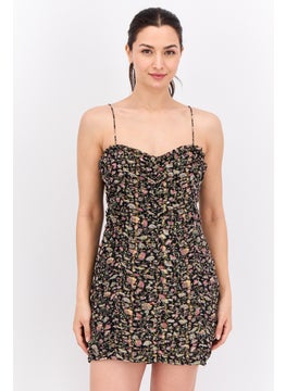Women Floral Print Mini Dress, Black Combo