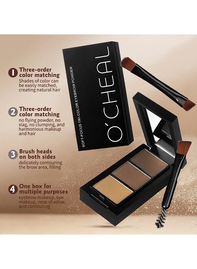 OCHEAL Eyebrow Powder Makeup Kit, 3 Colors Eye Brow Powder Tinted Palette Professional Eye Makeup Eyebrow Filler, Long-Lasting Waterproof Matte Brow Powder, Eye Brow Powder With 2 Double-ended Eyebrow Brush - Image 3