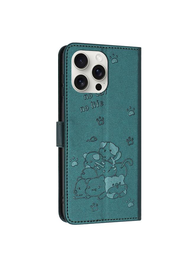 S-TOP Case For iPhone 15 Pro Max Embossed Kitten Phone Leather Case with Lanyard - Image 3