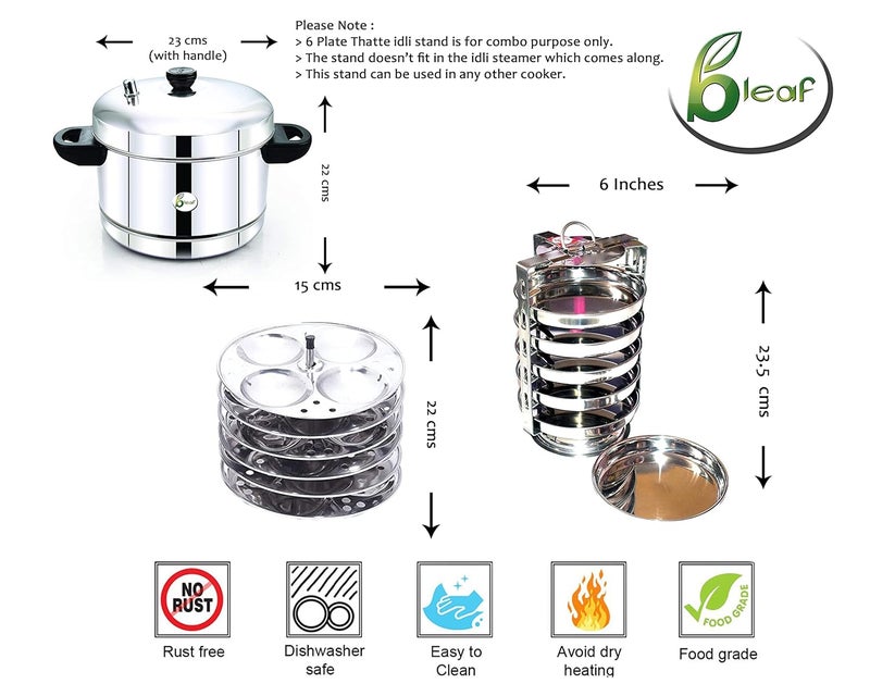 BLeaf Stainless SteelInduction Idli cooker with Regular Idli StandIdli Plates 6 Plates 24 Idlis 6 Plate Thatte Idli Stand 6 Plate 6 Idli - Image 3