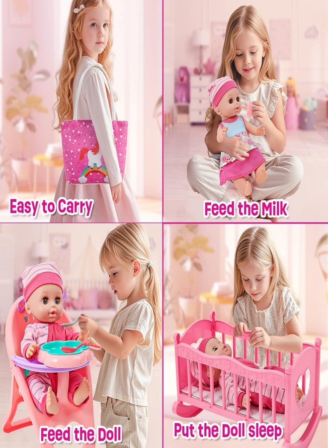 Golray 12in Girl Baby Doll Crib and High Chair Set - Sound&Pee Interactive Baby Doll with 20pcs Accessories Diaper Bag/Cradle/2 Clothes, Feeding Nursery Pretend Play Toddler Girl Toy Gift 3 4 5 6 Year - Image 5