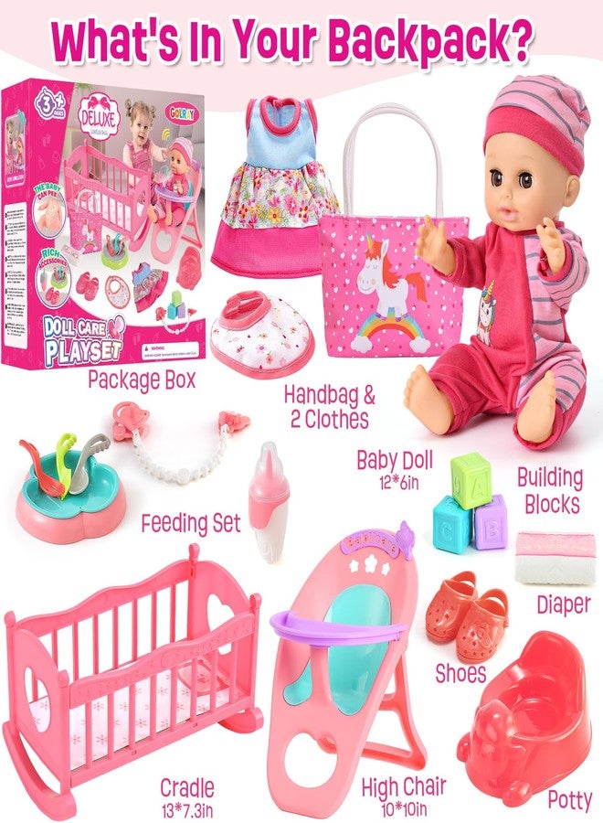 Golray 12in Girl Baby Doll Crib and High Chair Set - Sound&Pee Interactive Baby Doll with 20pcs Accessories Diaper Bag/Cradle/2 Clothes, Feeding Nursery Pretend Play Toddler Girl Toy Gift 3 4 5 6 Year - Image 3