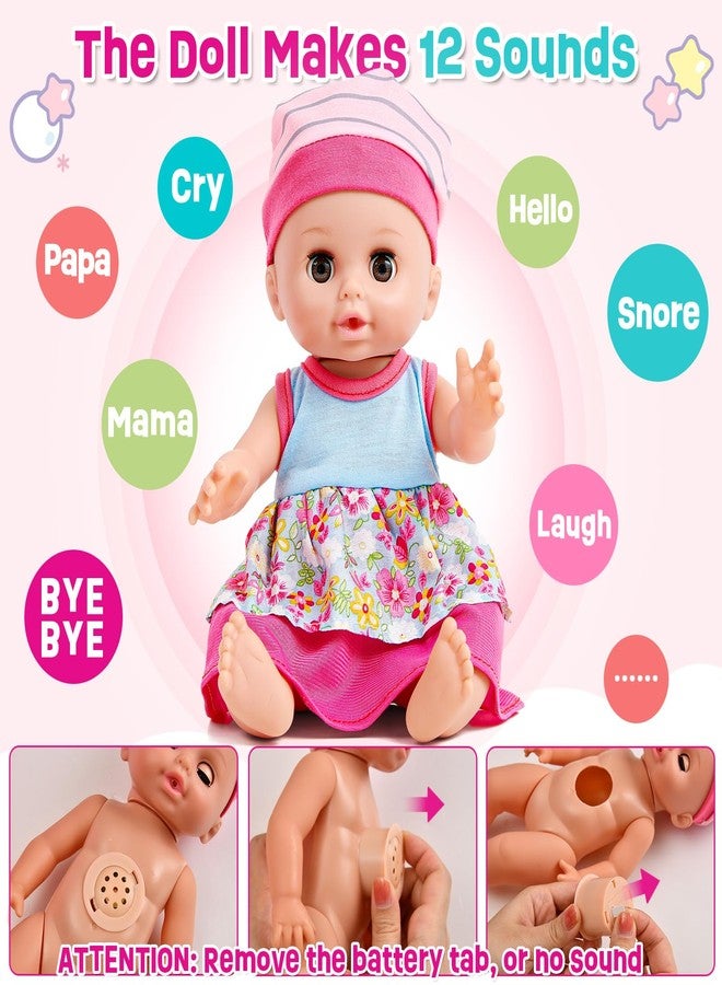 Golray 12in Girl Baby Doll Crib and High Chair Set - Sound&Pee Interactive Baby Doll with 20pcs Accessories Diaper Bag/Cradle/2 Clothes, Feeding Nursery Pretend Play Toddler Girl Toy Gift 3 4 5 6 Year - Image 2