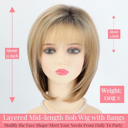 RENERSHOW Blonde Highlight Short Pixie Bob Wig with Bangs Straight Ombre Blonde Synthetic Wig with Dark Roots Layered Blonde Wigs for Women Medium Bob Daily Party Wig - Image 3