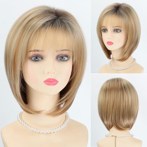 RENERSHOW Blonde Highlight Short Pixie Bob Wig with Bangs Straight Ombre Blonde Synthetic Wig with Dark Roots Layered Blonde Wigs for Women Medium Bob Daily Party Wig - Image 2