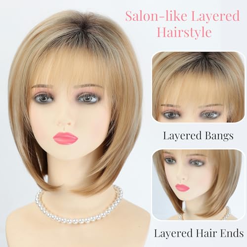 RENERSHOW Blonde Highlight Short Pixie Bob Wig with Bangs Straight Ombre Blonde Synthetic Wig with Dark Roots Layered Blonde Wigs for Women Medium Bob Daily Party Wig - Image 4