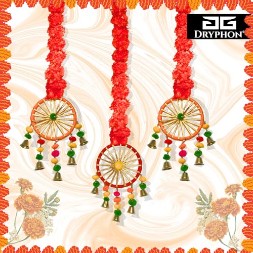 DRYPHON Artificial Marigold Flowers with Pom Pom Ring Bell Hanging Garlands for Home, Diwali & Wedding Decoration (Pack of 10) - Image 3