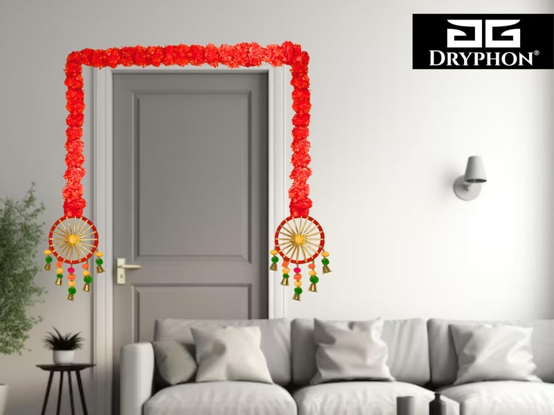 DRYPHON Artificial Marigold Flowers with Pom Pom Ring Bell Hanging Garlands for Home, Diwali & Wedding Decoration (Pack of 10) - Image 4