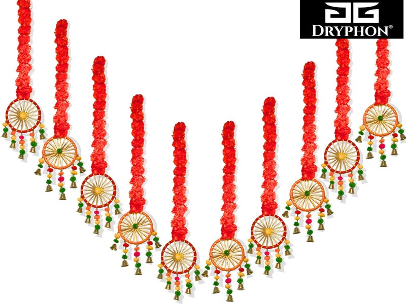 DRYPHON Artificial Marigold Flowers with Pom Pom Ring Bell Hanging Garlands for Home, Diwali & Wedding Decoration (Pack of 10) - Image 5