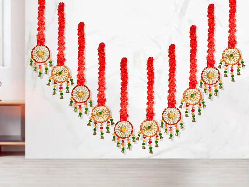 DRYPHON Artificial Marigold Flowers with Pom Pom Ring Bell Hanging Garlands for Home, Diwali & Wedding Decoration (Pack of 10) - Image 1