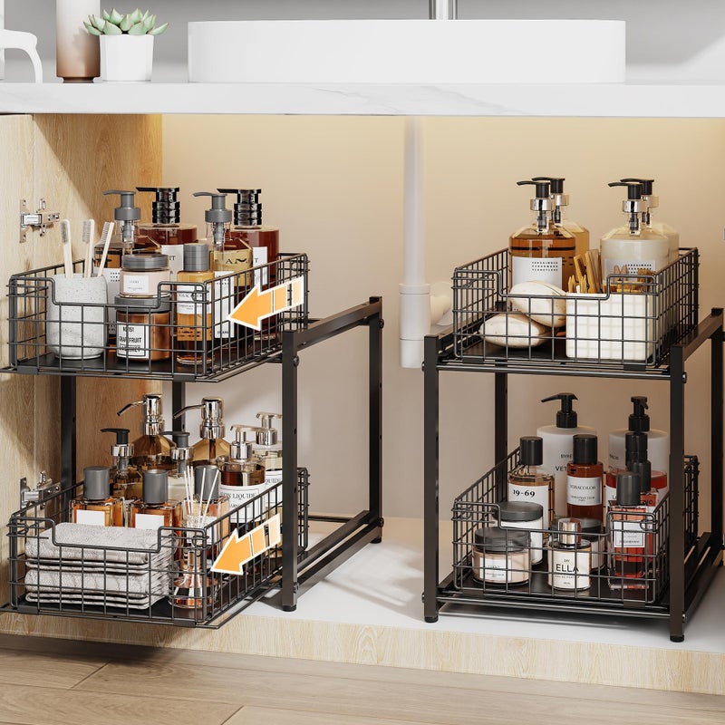 SILUB Under Sink Organizer, 2-Tier Pull Out Cabinet Organizer, Adjustable Height Bathroom Organizer and Storage, Spice Rack for Kitchen, Sliding Drawers Shelves 13.8Ã—11Ã—15.8 Inch (1 Pack) - Image 1