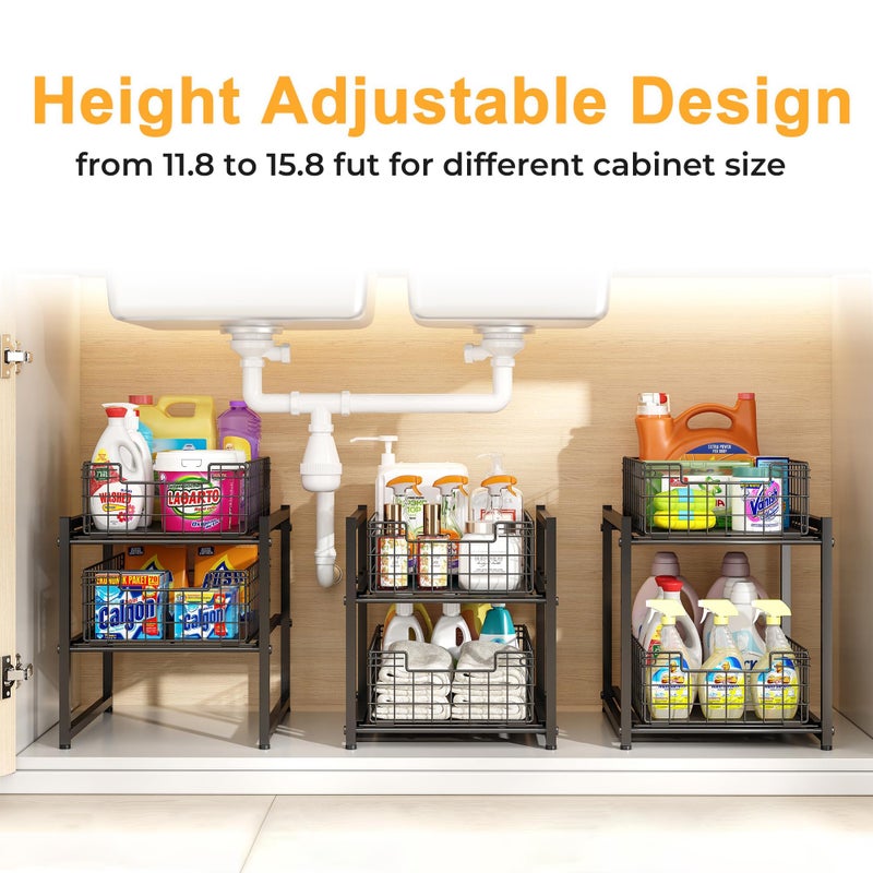 SILUB Under Sink Organizer, 2-Tier Pull Out Cabinet Organizer, Adjustable Height Bathroom Organizer and Storage, Spice Rack for Kitchen, Sliding Drawers Shelves 13.8Ã—11Ã—15.8 Inch (1 Pack) - Image 4