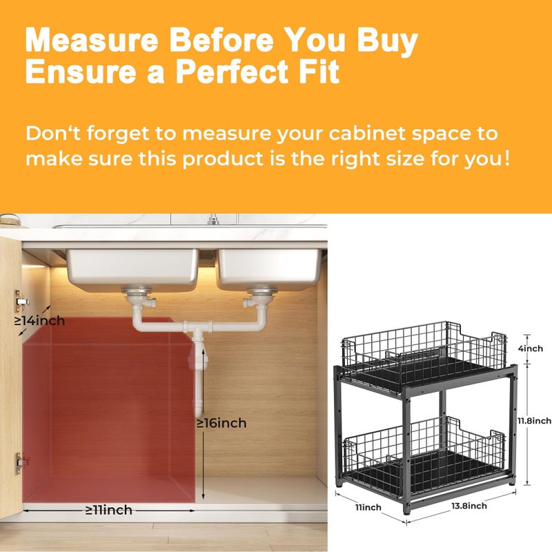SILUB Under Sink Organizer, 2-Tier Pull Out Cabinet Organizer, Adjustable Height Bathroom Organizer and Storage, Spice Rack for Kitchen, Sliding Drawers Shelves 13.8Ã—11Ã—15.8 Inch (1 Pack) - Image 2