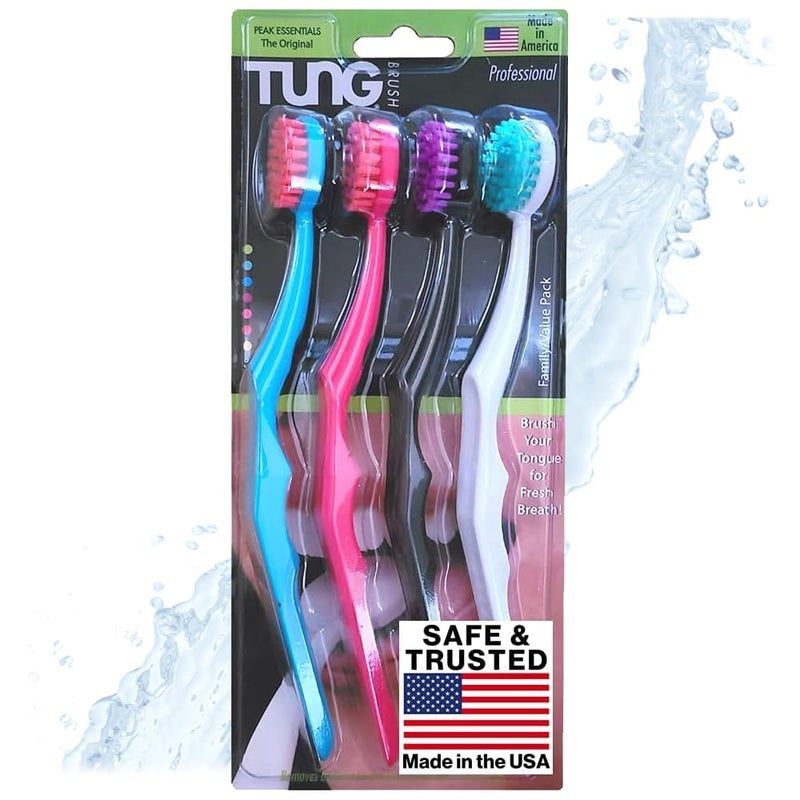 Peak Essentials The Original TUNG Brush Tung Plastic Tongue Scraper Tongue Brush Tongue Cleaner for Adults Scrubber Plastic Fight Bad Breath and Halitosis Mouth Odor Eliminator Tongue Scraper Cleaner Made in America 4Pack