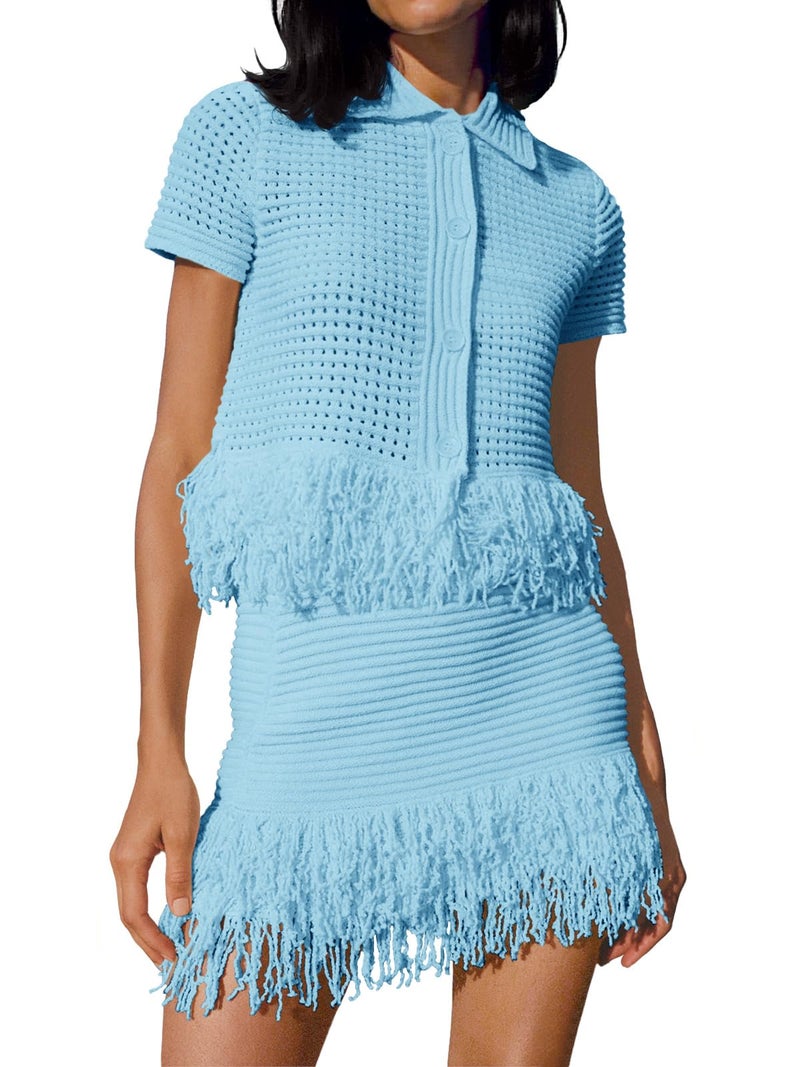 Fisoew Womens 2 Piece Crochet Outfits Short Sleeve Button Knit Sweater Tops Fringe Skirt Summer Vacation Sets Beach Cover Ups Blue - Image 1