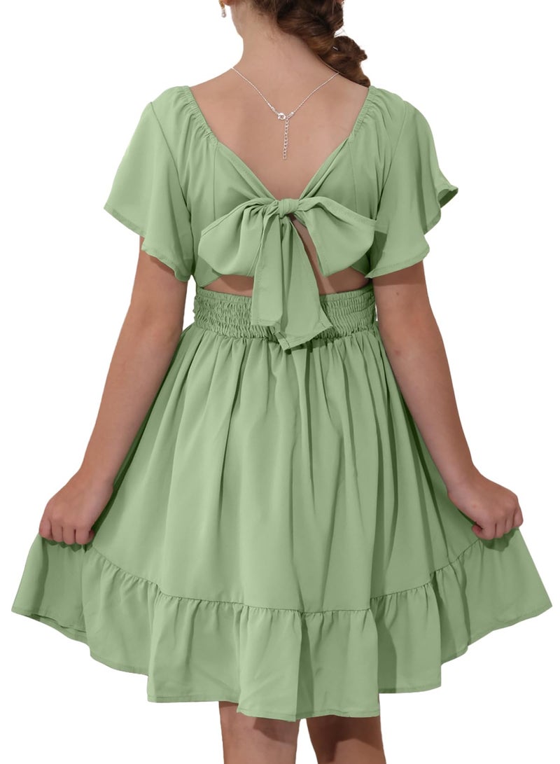 blibean Girls Summer Tie Back Dress Tween Kids Casual Boho Cold Shoulder Cute Dresses Ruffle Beach Clothing Short Sleeve Tulle Vestidos Niñas Size 10-11 Years Old Olive Green - Image 1