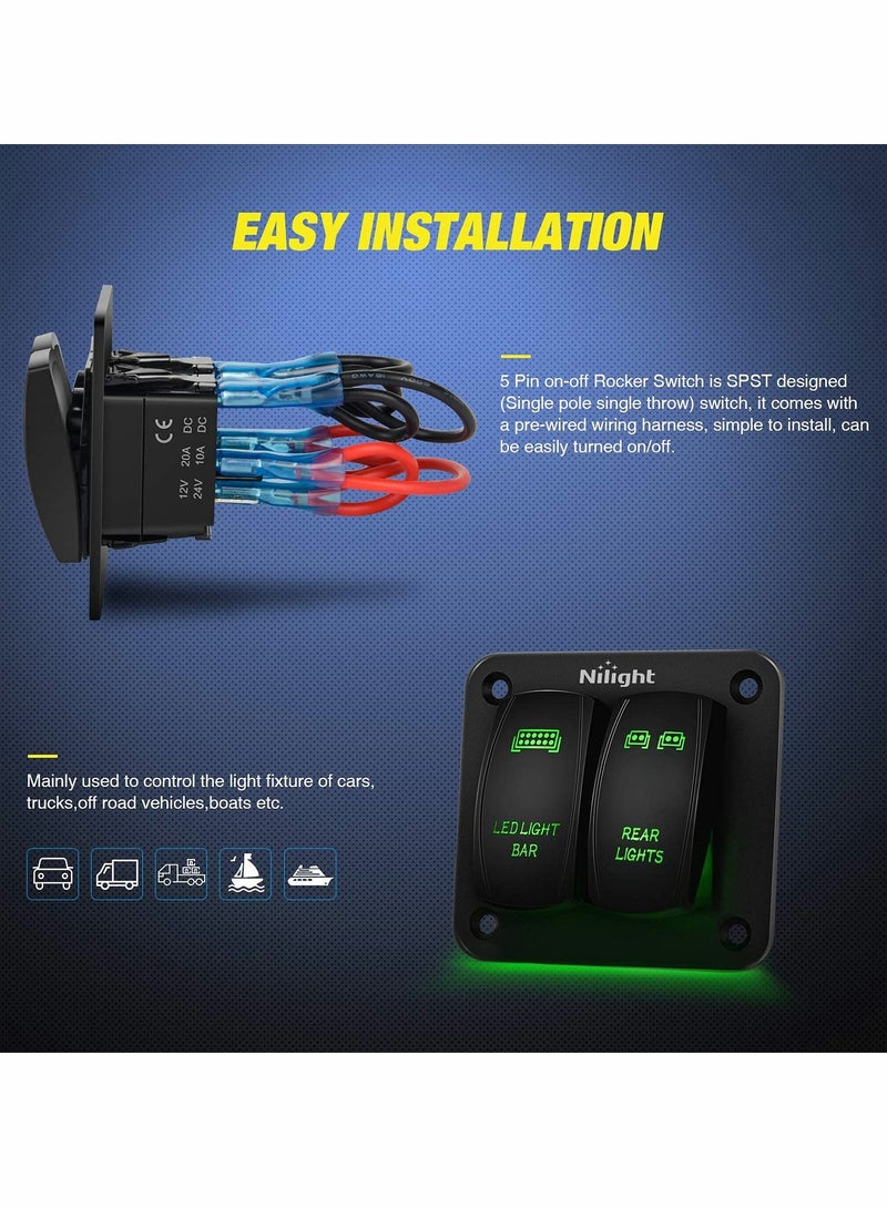 SOLARAE 2 Gang Rocker Switch Panel LED Light Bar Switch Rear Lights Switch 12 24V DC Green Switches 5Pin ON Off Pre-Wired Toggle Switch Panel for Cars ATVs UTVs - Image 3