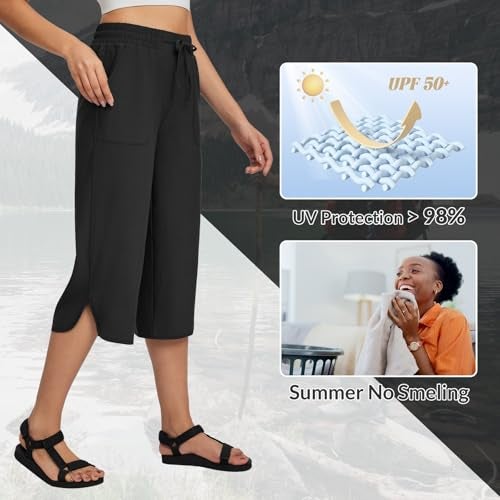 baleaf Women's Hiking Pants Capri Wide Leg Lightweight Pants Plus Size UPF50+ Quick Dry Casual Sweatpants Walking Black 3XL - Image 3