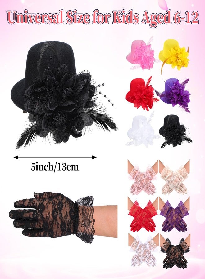JaGely 12 Pcs Tea Party Fascinator Set Flower Mesh Ribbons Feathers Tea Party Hats for Girls with Lace Gloves for Girls Kids (Bright Color) - Image 2