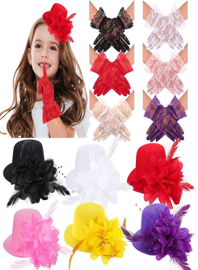JaGely 12 Pcs Tea Party Fascinator Set Flower Mesh Ribbons Feathers Tea Party Hats for Girls with Lace Gloves for Girls Kids (Bright Color) - Image 1