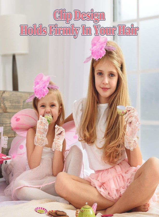 JaGely 12 Pcs Tea Party Fascinator Set Flower Mesh Ribbons Feathers Tea Party Hats for Girls with Lace Gloves for Girls Kids (Bright Color) - Image 4