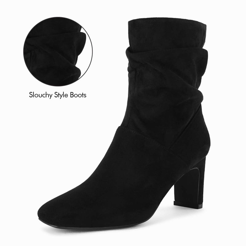 Coutgo Women's Slouch Mid Calf Boots Chunky Heel Square Toe Zip Up Fall Fashion Booties Shoes, Black, Size 7 - Image 4