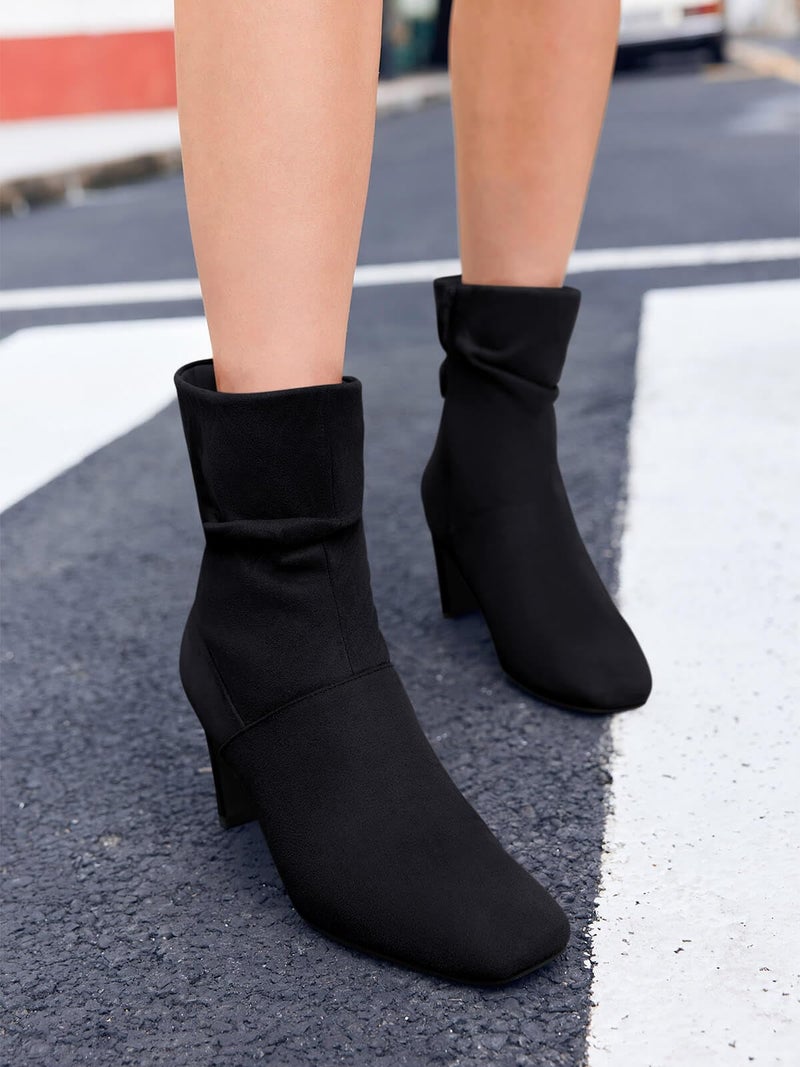 Coutgo Women's Slouch Mid Calf Boots Chunky Heel Square Toe Zip Up Fall Fashion Booties Shoes, Black, Size 7 - Image 2