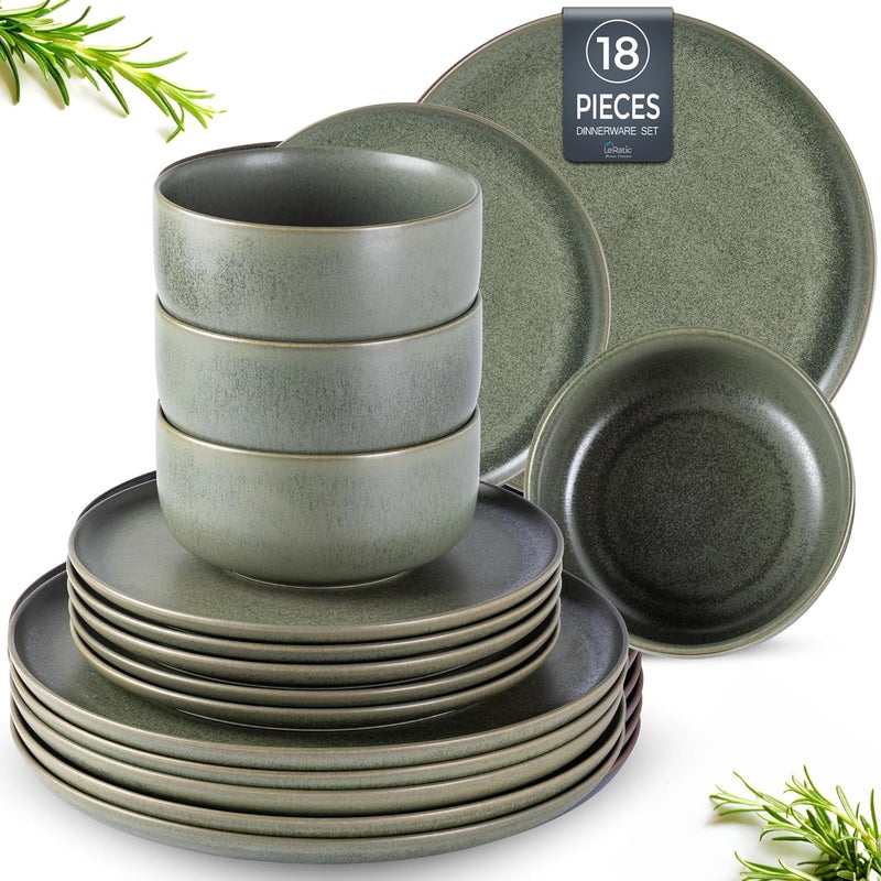 LERATIO Stoneware Dinnerware Sets for 6Handcarft Ceramic Plates and Bowls SetsChip and Scratch Resistant Dishes Dishwasher  Microwave Safe Oven safeReactive GlazeGreen - Image 1