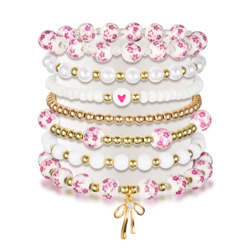 Y1tvei Pink Ceramic Bead Bracelets - 7Pcs Coquette Floral Vintage Beads Plastic Pearl Gold Bow Heart Charm Wrist Bracelet Travel Party Favor Stretchable Jewelry Accessory Chain Gift Supplies for Women - Image 1