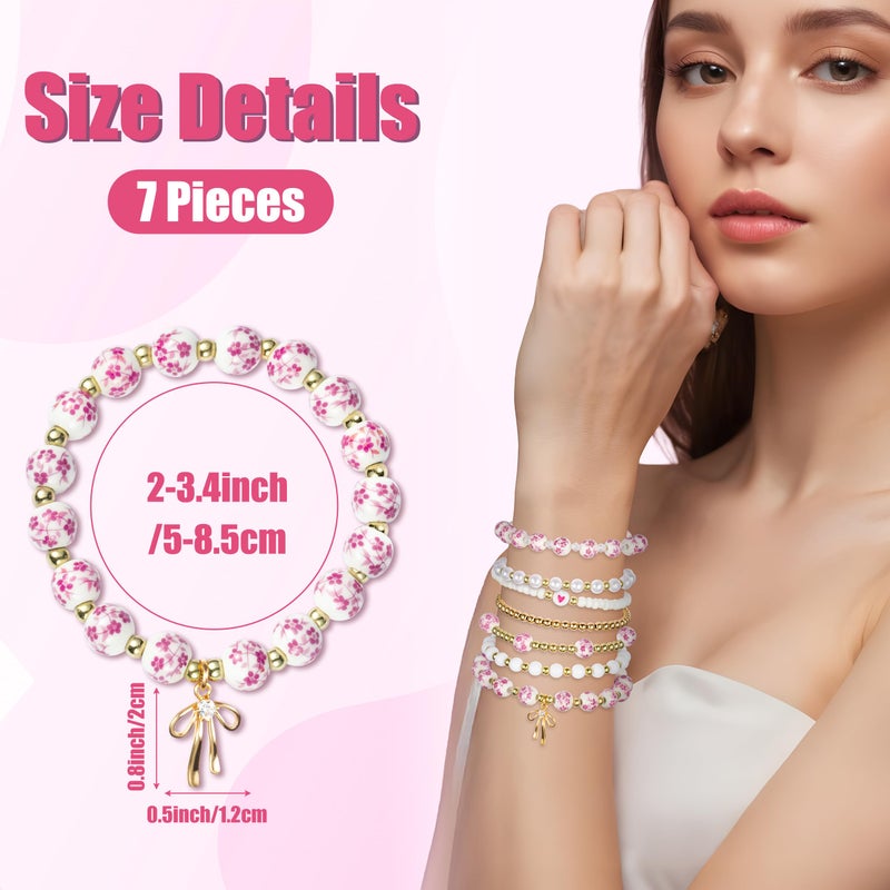 Y1tvei Pink Ceramic Bead Bracelets - 7Pcs Coquette Floral Vintage Beads Plastic Pearl Gold Bow Heart Charm Wrist Bracelet Travel Party Favor Stretchable Jewelry Accessory Chain Gift Supplies for Women - Image 2