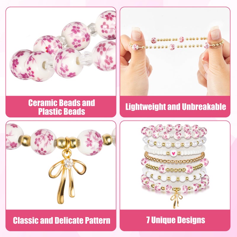 Y1tvei Pink Ceramic Bead Bracelets - 7Pcs Coquette Floral Vintage Beads Plastic Pearl Gold Bow Heart Charm Wrist Bracelet Travel Party Favor Stretchable Jewelry Accessory Chain Gift Supplies for Women - Image 3