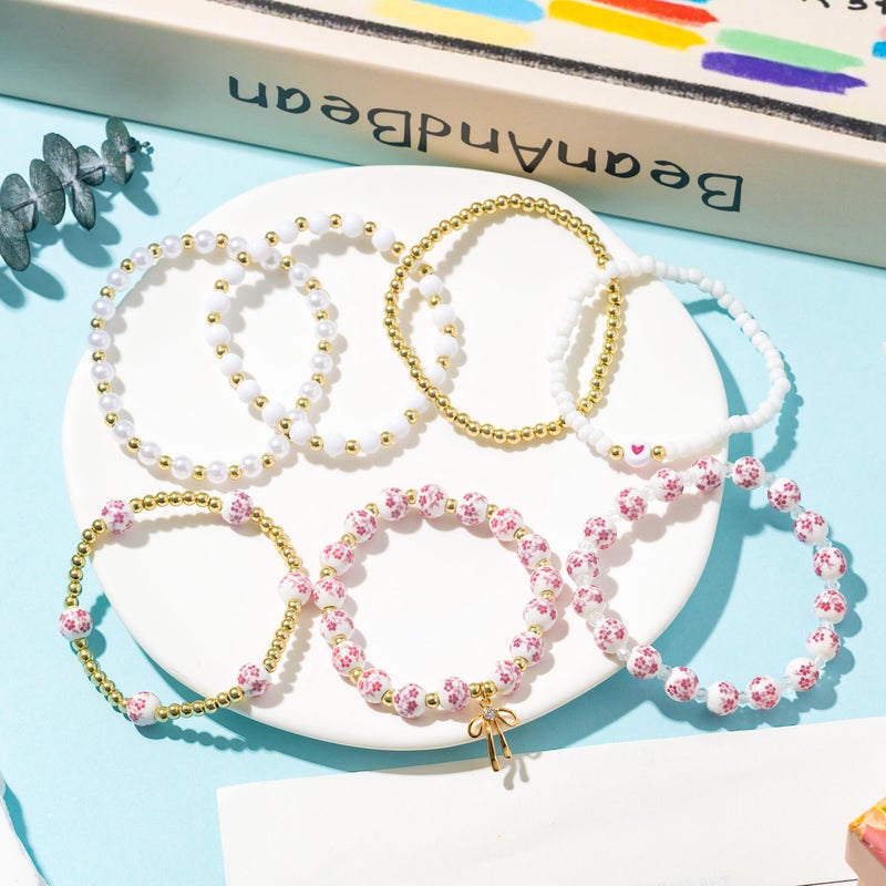 Y1tvei Pink Ceramic Bead Bracelets - 7Pcs Coquette Floral Vintage Beads Plastic Pearl Gold Bow Heart Charm Wrist Bracelet Travel Party Favor Stretchable Jewelry Accessory Chain Gift Supplies for Women - Image 4