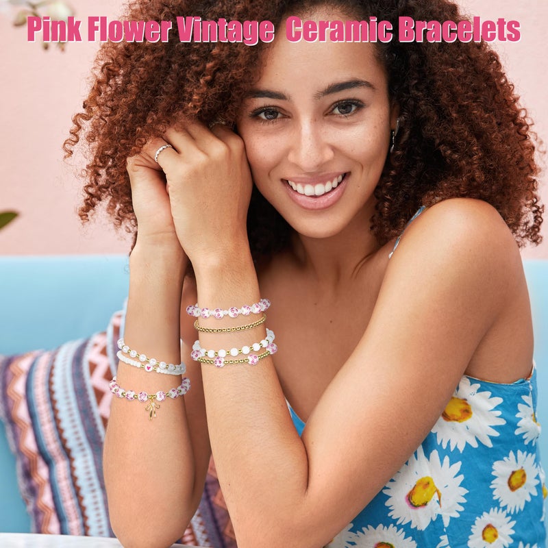 Y1tvei Pink Ceramic Bead Bracelets - 7Pcs Coquette Floral Vintage Beads Plastic Pearl Gold Bow Heart Charm Wrist Bracelet Travel Party Favor Stretchable Jewelry Accessory Chain Gift Supplies for Women - Image 5