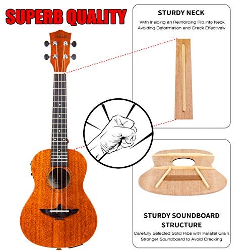 AKLOT Concert Ukulele, AKLOT Acoustic-Electric Ukelele 23 Inch Solid Mahogany with Equalizer Uke for Professional Player with Beginner Kit (Gig Bag, Picks, Strap, String, Cleaning Cloth, Starter Manual) - Image 5