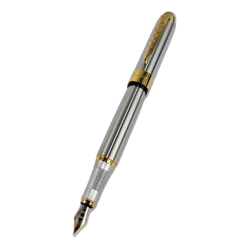 Glossy Silver Fountain Pen With Gold Trim Stainless Steel Alloy Medium Point Gift Pen - Image 2
