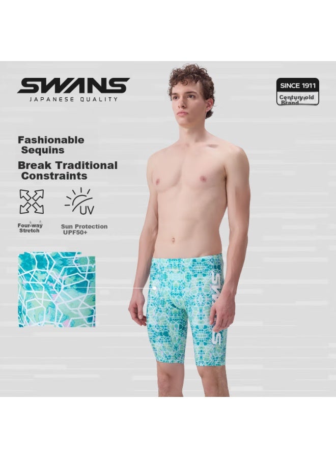 Speed Vision Swans Swimming Trunks For Men, Knee-length, Quick-dry, Professional, Chlorine-resistant, Anti-embarrassment, Training Swimwear 257, Glossy Green, Size M - Image 1