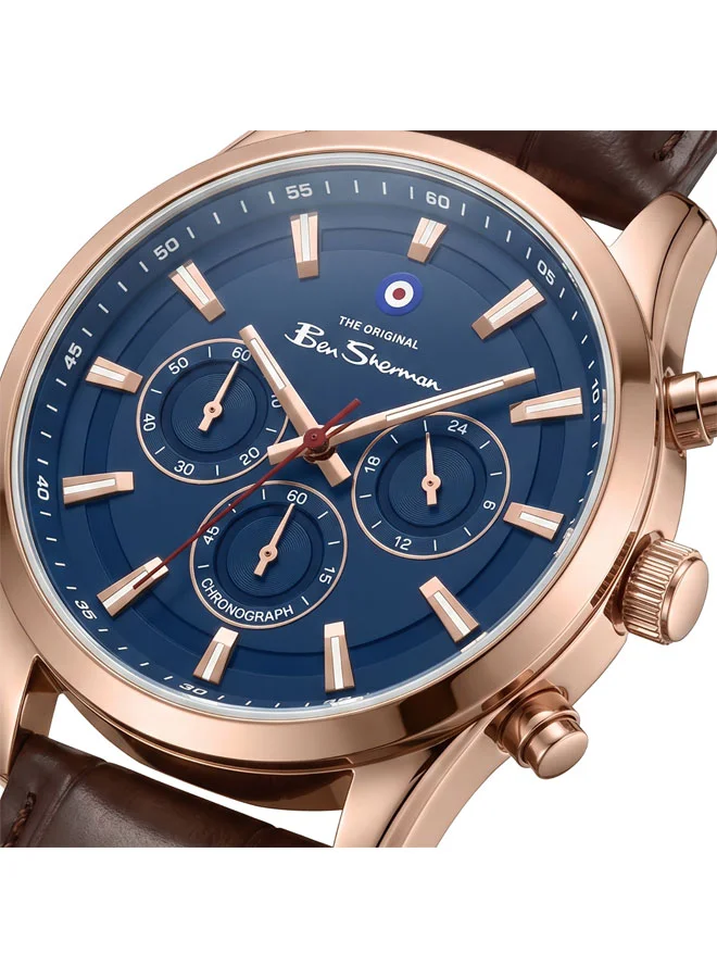 بين شيرمان Cambridge Blue Dial Brown Genuine Leather Strap Chronograph Watch for Men, 42mm