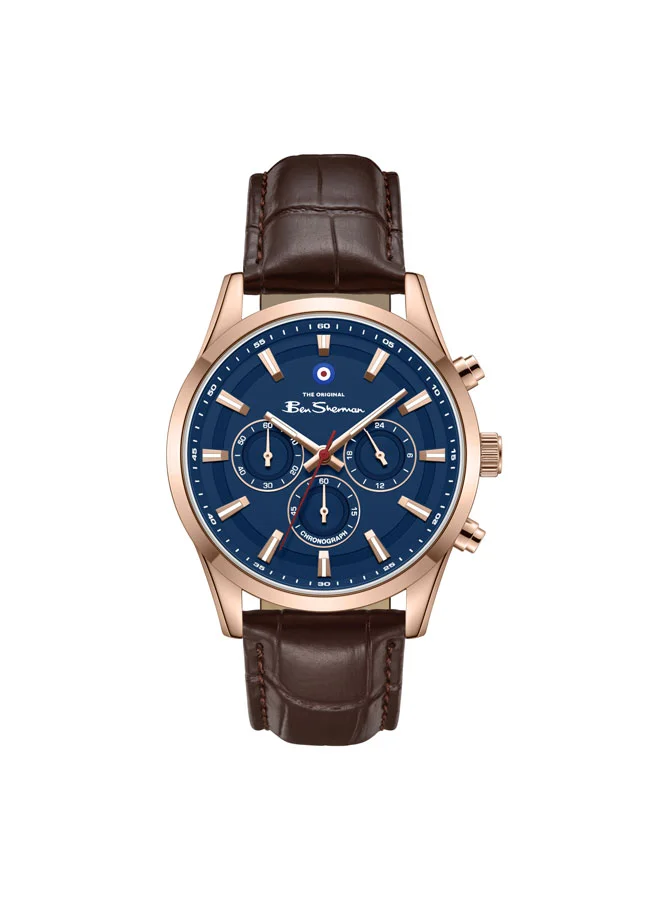 بين شيرمان Cambridge Blue Dial Brown Genuine Leather Strap Chronograph Watch for Men, 42mm