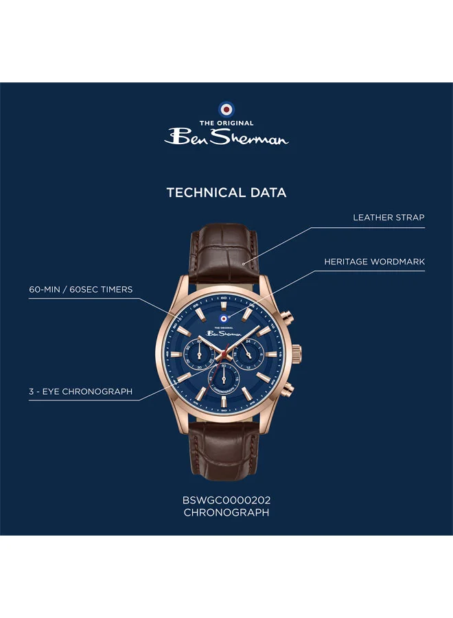 Ben Sherman Brown - Rose Gold Case Cambridge Blue Dial Brown Genuine Leather Strap Chronograph Watch for Men, 42mm for Men | Best Price UAE