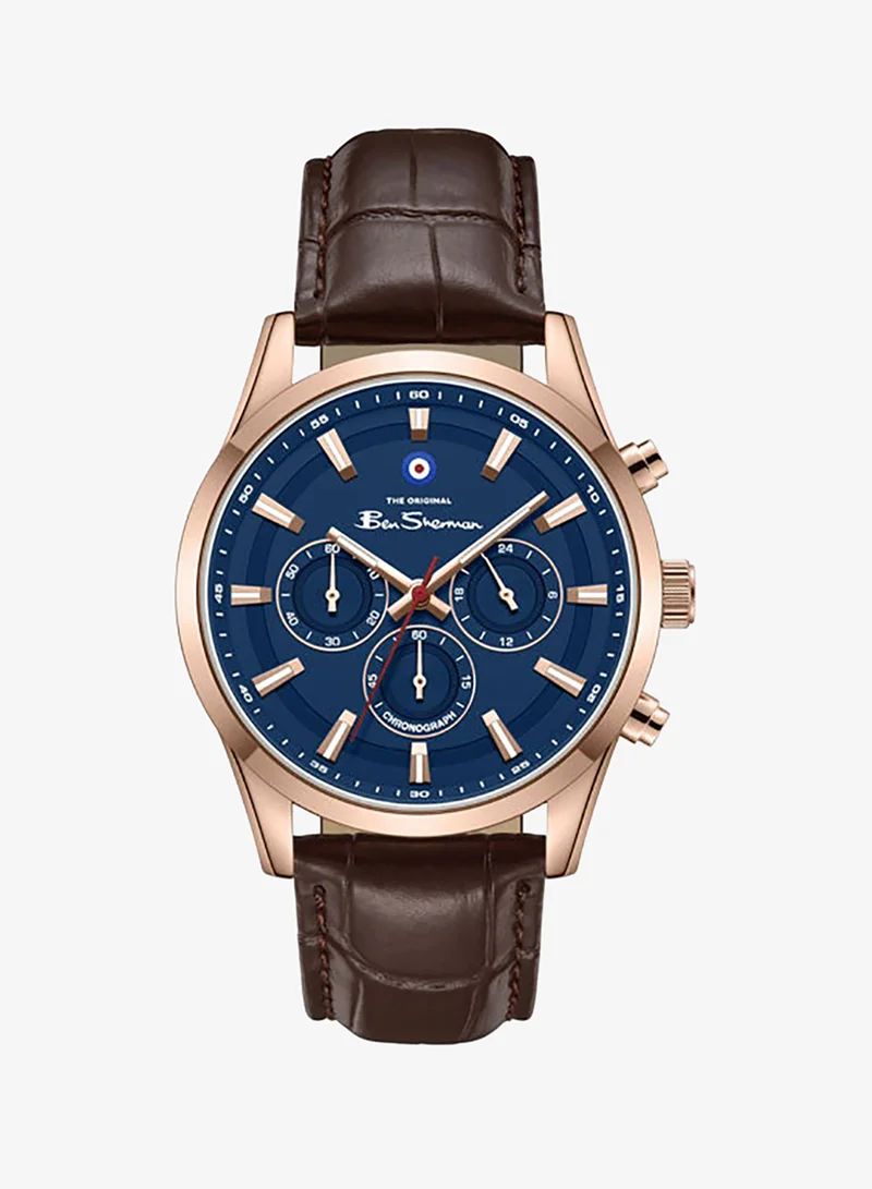 Ben Sherman Cambridge Blue Dial Brown Genuine Leather Strap Chronograph Watch for Men, 42mm