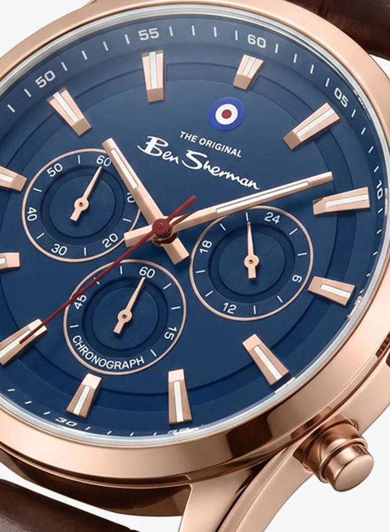 Ben Sherman Cambridge Blue Dial Brown Genuine Leather Strap Chronograph Watch for Men, 42mm