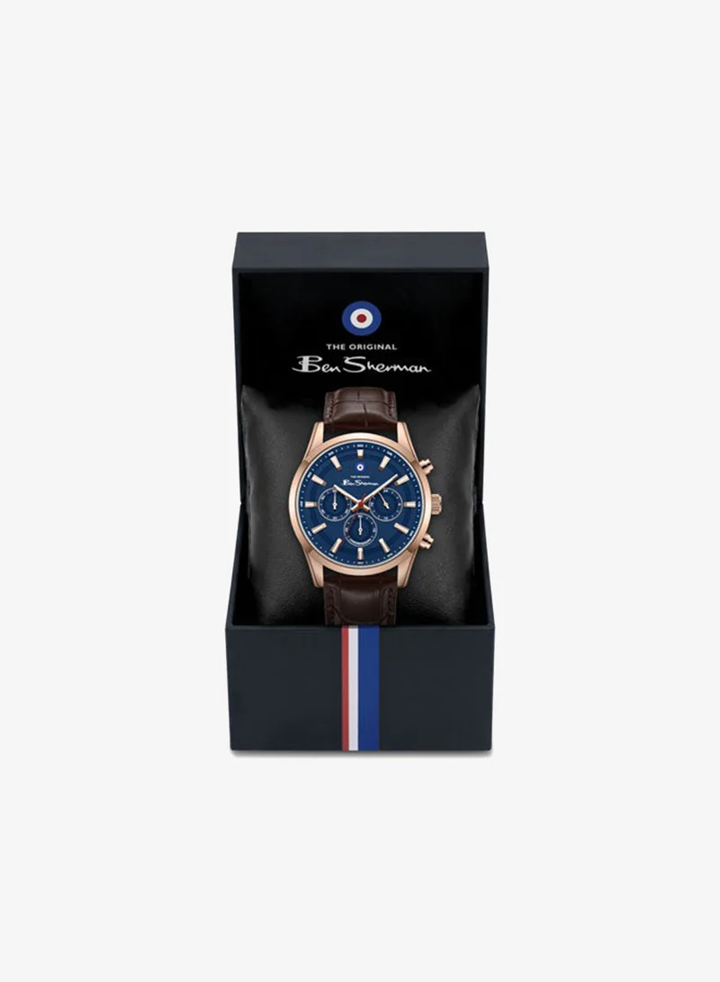 Ben Sherman Brown - Rose Gold Case Cambridge Blue Dial Brown Genuine Leather Strap Chronograph Watch for Men, 42mm for Men | Best Price UAE