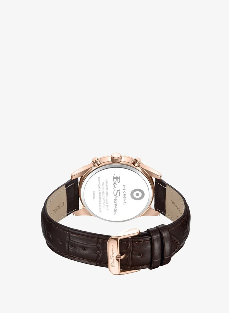 Ben Sherman Brown - Rose Gold Case Cambridge Blue Dial Brown Genuine Leather Strap Chronograph Watch for Men, 42mm for Men | Best Price UAE