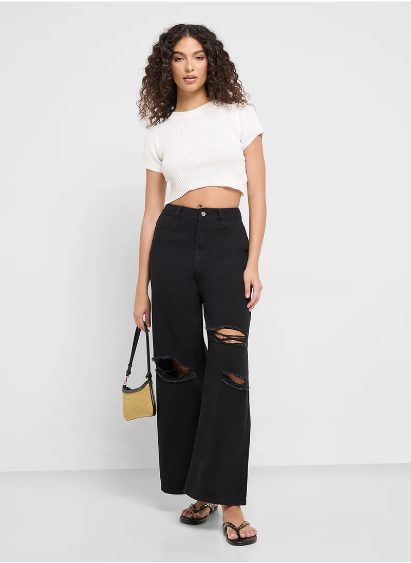 جينجر High Rise Distressed Straight Fit Jeans