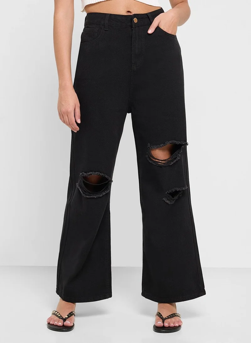 High Rise Distressed Straight Fit Jeans