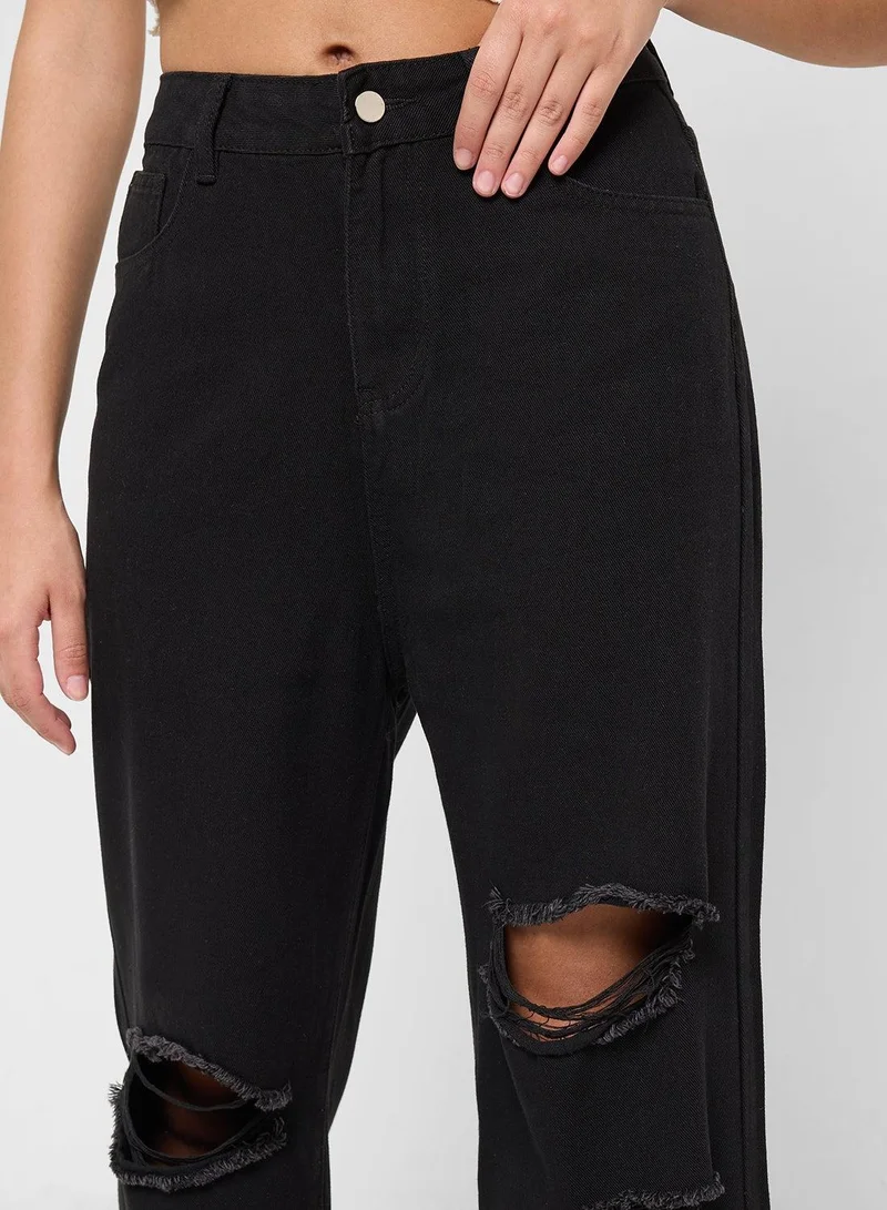 Ginger BLACK High Rise Distressed Straight Fit Jeans for Women | Best Price UAE