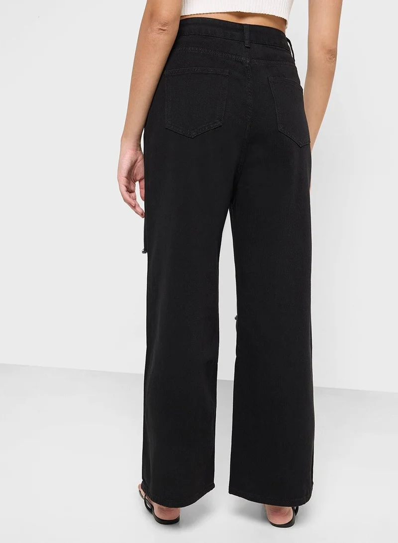 Ginger BLACK High Rise Distressed Straight Fit Jeans for Women | Best Price UAE